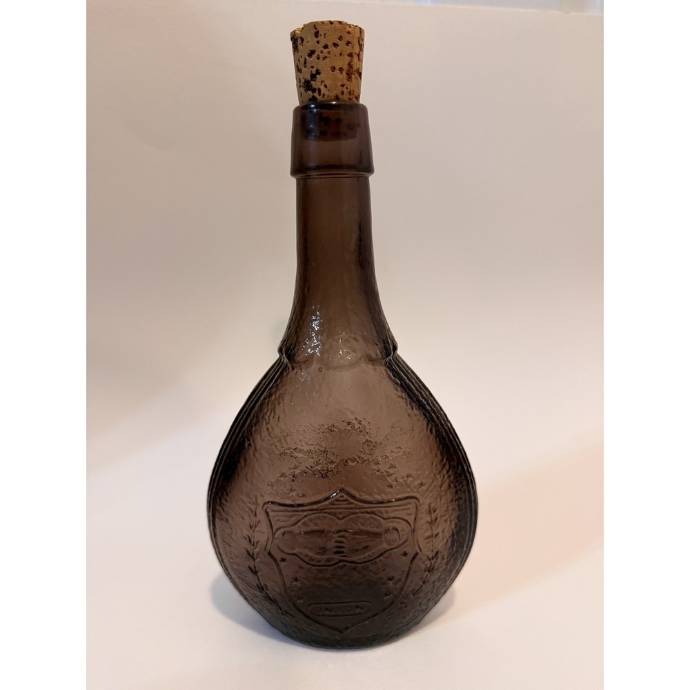 Wheaton Amethyst Purple Union Hands Bird Glass Bottle 10" Embossed VTG 1970s